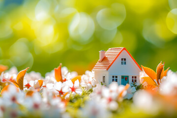 Mini toy house and cherry flowers. house on spring nature background. 