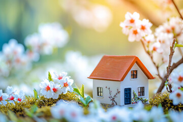 Mini toy house and cherry flowers. house on spring nature background. 