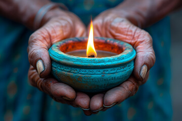 burning diya in hands