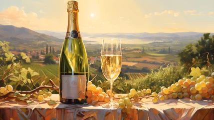 Fotobehang champagne bottle with glass in vineyard © VisualVanguard