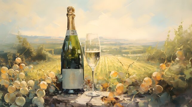 champagne bottle with glass in vineyard