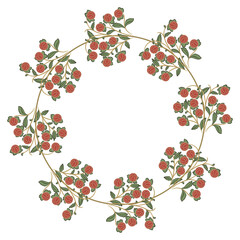 Round floral frame with blooming branches. Circular wreath with red flowers, fruits or berries and green leaves on white background. Folk style. 