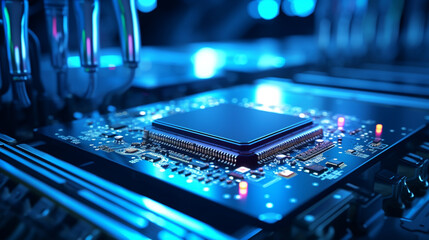 computer chip in hi tech factory. closed up and select focus