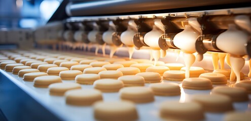 Light brown cookies are being produced in a food manufacturing factory with sophisticated machine technology. generative AI