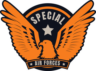 Eagle emblem with wings and star, military badge design. Special Air Forces logo with orange and black colors. Military insignia and aviation theme vector illustration.