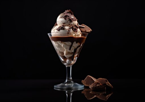 sweet chocolate ice cream in a glass cup in the photo on a black background.