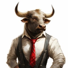 Bull Wearing Red Tie and Suspenders in Playful Attire