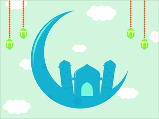 Illustration of mosque and crescent in blue tones. Great for ramadan themed or other Islamic days greeting cards, posters, backgrounds, and wallpapers for children.