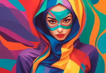 A beautiful Muslim woman superhero in a mask and a super hero costume