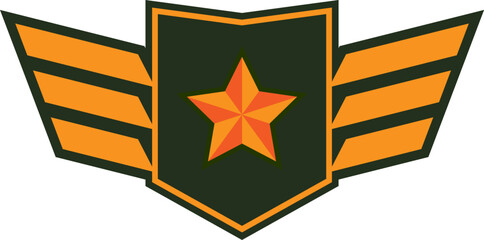 Naklejka premium Military badge with wings and star on green and orange. Army patch emblem, aviation insignia vector illustration.