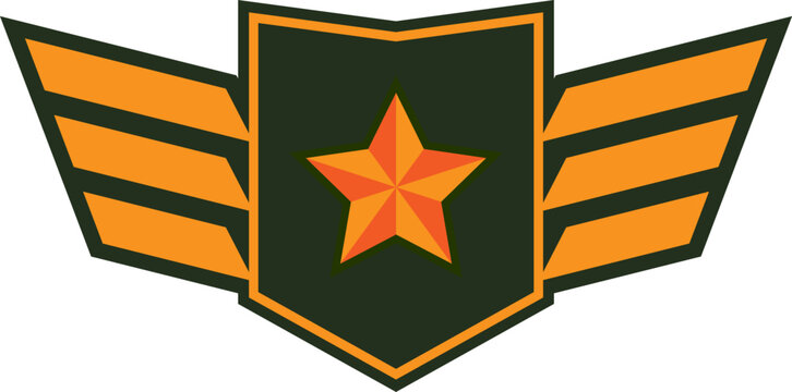 Military badge with wings and star on green and orange. Army patch emblem, aviation insignia vector illustration.