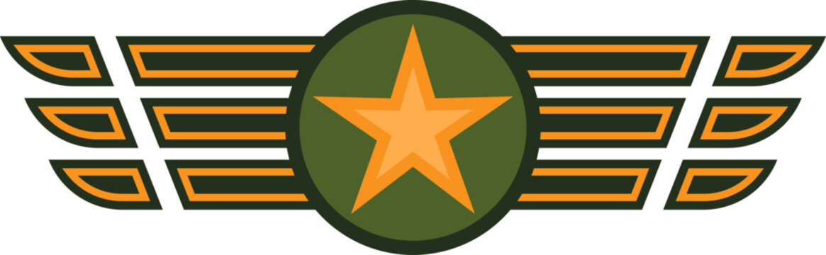 Military star wings emblem army air force badge. Graphic officer rank insignia symbol, airman vector illustration.