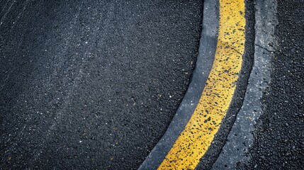 Image of dark asphalt road with yellow line from top view. Ffull frame textured background of black asphalt. Detail of yellow line on black asphalt painted. - obrazy, fototapety, plakaty