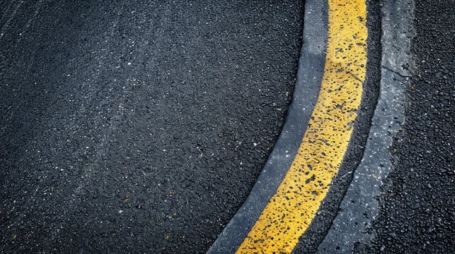 Image of dark asphalt road with yellow line from top view. Ffull frame textured background of black asphalt. Detail of yellow line on black asphalt painted.