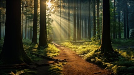 A quiet forest trail with sunlight filtering through the trees  AI generated