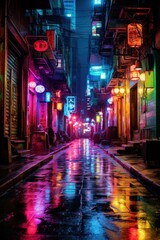 Fototapeta na wymiar A rain-soaked alleyway glowing with neon graffiti AI generated