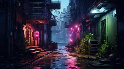 A rain-soaked alleyway glowing with neon graffiti  AI generated