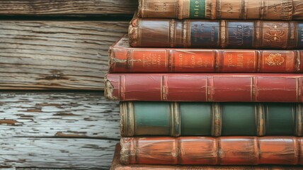 Stack of classic books against a distressed wooden backdrop