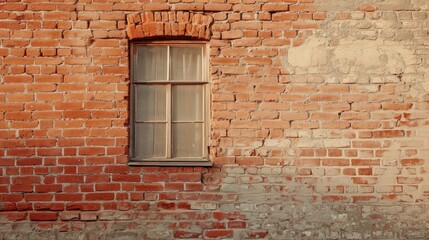 An old window and texture of brick wall. Image of an old industrial grid window with mullion and muntin on ruined factory building and worn brickwall.