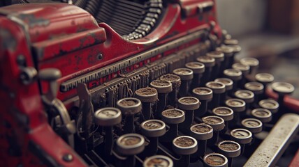 Vintage red typewriter with worn keys on a dusty background