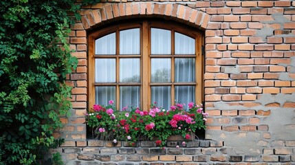 Fototapeta na wymiar Beautiful window with flowers and curtain for background. Colorful flowers on window glass and attractive brickwall.