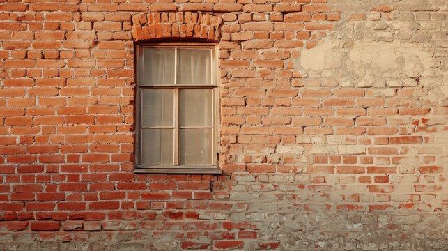 An old window and texture of brick wall. Image of an old industrial grid window with mullion and muntin on ruined factory building and worn brickwall.