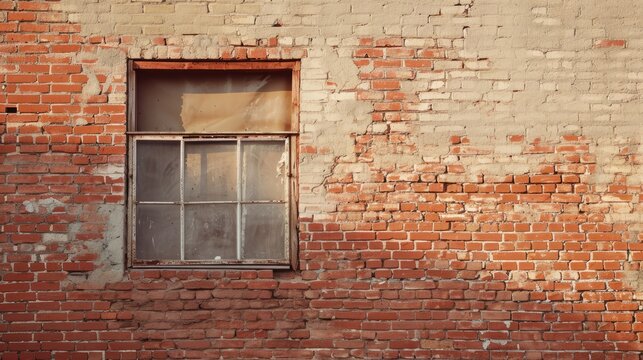 An old window and texture of brick wall. Image of an old industrial grid window with mullion and muntin on ruined factory building and worn brickwall.