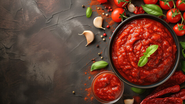 Large bowl of marinara sauce with ingredients on dark textured background