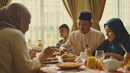 Portrait of moslem family having dinner in dining room, discussing while eating in happy. Moslem family is having break fasting on Ramadan.