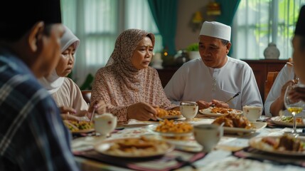 Fototapeta na wymiar Portrait of moslem family having dinner in dining room, discussing while eating in happy. Moslem family is having break fasting on Ramadan.