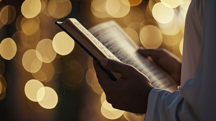Image of man hands reading Al Quran on light bokeh background. Muslim man reading Koran in Ramadan. - obrazy, fototapety, plakaty