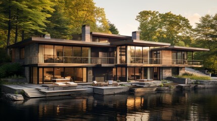 A serene lake house with a modern design  AI generated