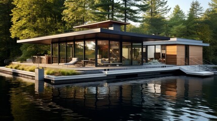 Fototapeta na wymiar A serene lake house with a modern design AI generated