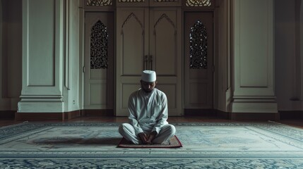 Muslim man sitting on a beautiful mosque looks back for praying and asking forgiveness to Allah.