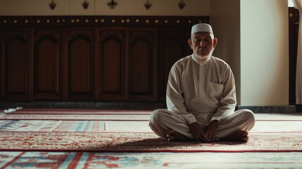 Fototapeta premium Muslim man sitting on a beautiful mosque looks back for praying and asking forgiveness to Allah.