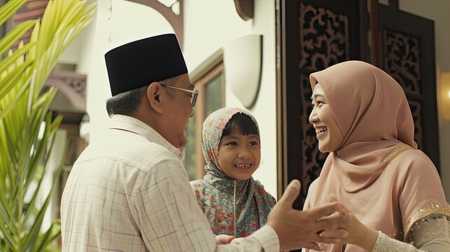Moslem family and relatives greeting and welcoming guests outside in happy and smile. An event of Ramadan and Eid Al Fitr in moslem family to celebrate big day together.