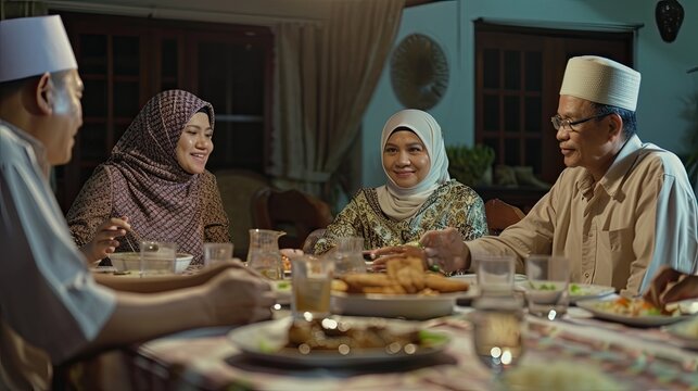 Portrait of moslem family having dinner in dining room, discussing while eating in happy. Moslem family is having break fasting on Ramadan.