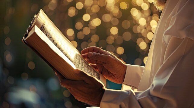 Image of man hands reading Al Quran on light bokeh background. Muslim man reading Koran in Ramadan.