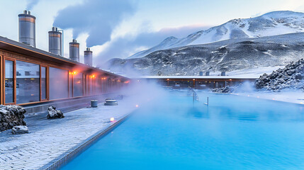 Geothermal Hot Spring in Iceland, Blue Lagoon with Steam and Warm Water, Winter Tourism Attraction, Relaxing in Thermal Spa, Beautiful Landscape with Snow and Volcanic Rocks