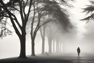 Mysterious Fog: Beautiful scenery of a man walking through the fog  generative ai