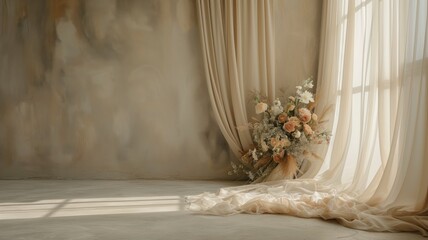 Wedding bouquet by a sunlit window and drapes