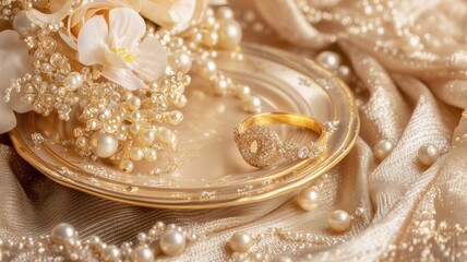 Luxurious golden jewelry with pearls on silk fabric