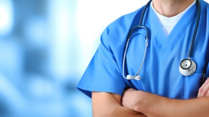 Medical professional in blue scrubs with a stethoscope - obrazy, fototapety, plakaty