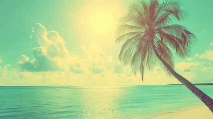 Fototapeta na wymiar Sunlit palm tree against a serene sea and sky at sunset