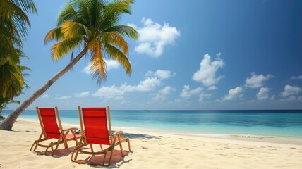 Red beach chairs on a sandy shore with a view of the calm blue ocean