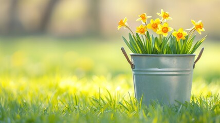 Yellow daffodils in a metal bucket on a lush green lawn