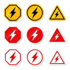 high voltage electricity danger warning sign and symbols icon exclamation mark set collection