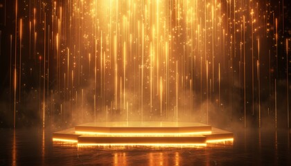 Gold empty podium floating in the air in dark scene with wall of line vertical gold neon lamps around