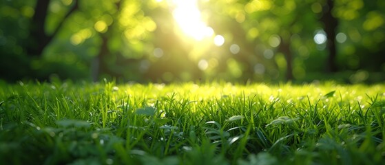 Spring summer background with frame of grass and leaves on nature. Juicy lush green grass on meadow in morning sunny light outdoors, copy space, soft focus, defocus background..