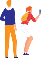 Caucasian man standing with back turned and redhead woman walking using smartphone Casual outfit, modern life and disconnected interaction vector illustration.